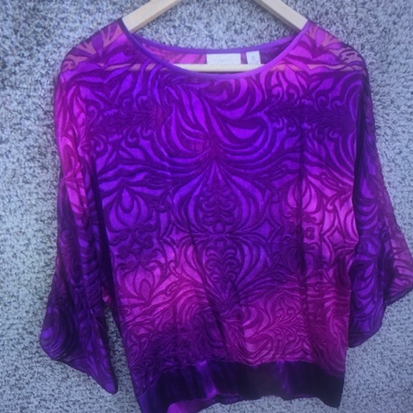Purple Patterned Women's Top - Elegant Sheer Blouse - Picture 2 of 6